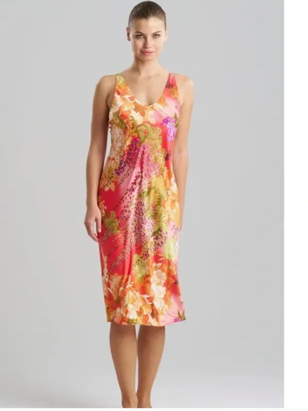 Natori Radiance Satin Caftan Nightgown Neglige Women’s SZ L in Wisteria Garden